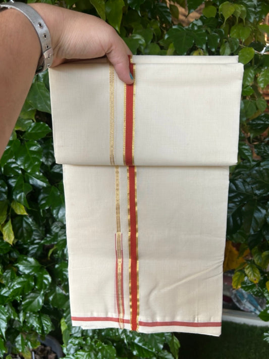 25% Discount! KaithariKada Handloom Millpaav Balaramapuram - Cotton Double Mundu/Dhoti Off white (Unbleached) - 80x90 - 0.5 inch Kasavu & Deep Orange Puliyilakkara Chutty 3.60 meter (8 Muzham) - 58 KK5256 RAM