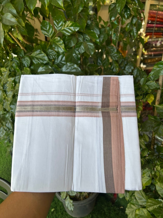 20% Discount! KaithariKada Balaramapuram 100% Cotton Double Pure white Mundu/Dhoti- 100X80 - 1.5 inch Silver kasav Dusty Peach & Brown striped Shaded kara - 3.90mtr ( 8 muzham) - 33 KK5280 VIN