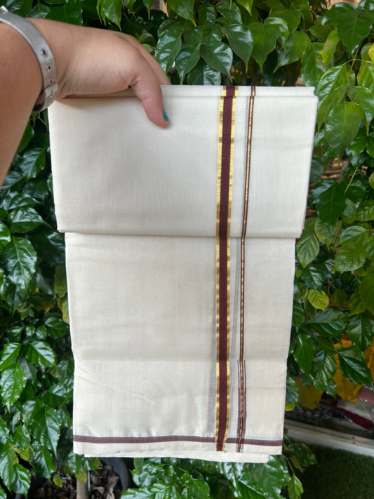 25% Discount! KaithariKada Handloom Millpaav Balaramapuram - Cotton Double Mundu/Dhoti Off white (Unbleached) - 80x90 - 0.5 inch Kasavu & Dark Brown Puliyilakkara Chutty 3.60 meter (8 Muzham) - 57 KK5256 RAM