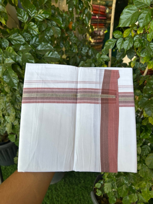 20% Discount! KaithariKada Balaramapuram 100% Cotton Double Pure white Mundu/Dhoti- 100X80 - 1.5 inch Silver kasav Dark Peach & Brown striped Shaded kara - 3.90mtr ( 8 muzham) - 32 KK5280 VIN