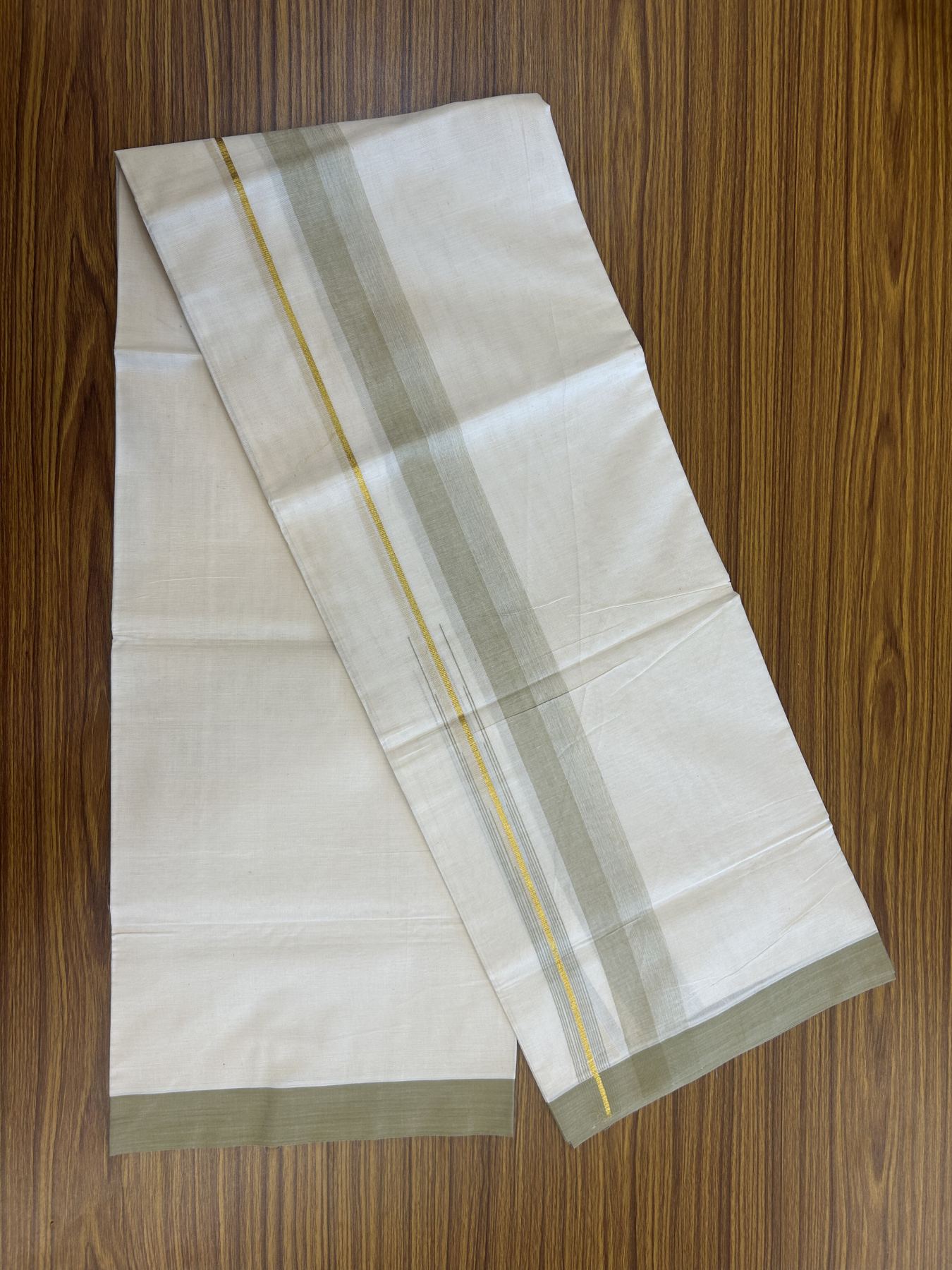 20% Discount ! Kaitharikada Balaramapuram 100% Pure Cotton Double Off white (Unbleached) Mundu/Dhoti - 100x80 - 1.75 inch Gold Kasav & Moss Green Shaded Stripes Chutty Kara 3.90 mtr (8 muzham) - 33 KK5313 PMC