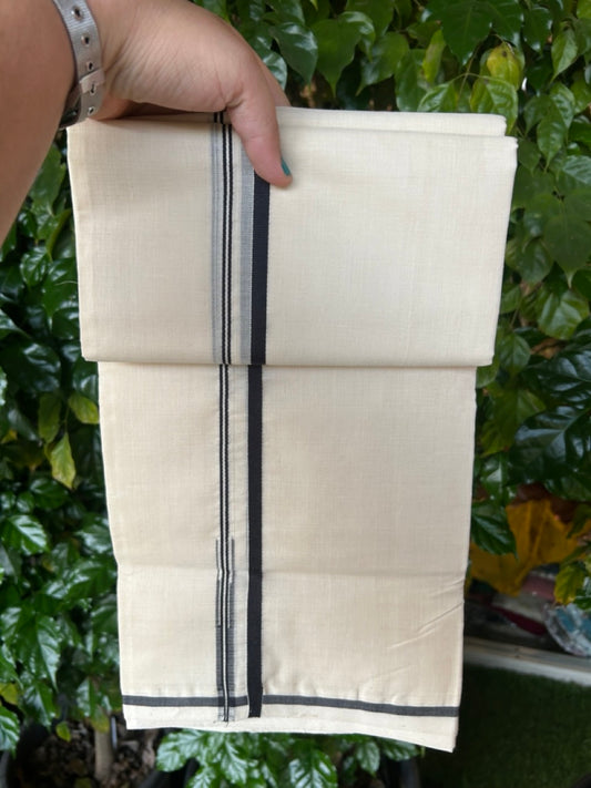 25% Discount! KaithariKada Handloom Millpaav Balaramapuram - Cotton Double Mundu/Dhoti Off white (Unbleached) - 80x90 - 1 cm Black Puliyilakkara Chutty 3.60 meter (8 Muzham) - 55 KK5256 RAM