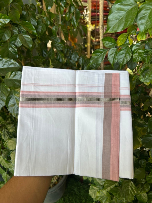 20% Discount! KaithariKada Balaramapuram 100% Cotton Double Pure white Mundu/Dhoti- 100X80 - 1.5 inch Silver kasav Dusty Peach & Black striped Shaded kara - 3.90mtr ( 8 muzham) - 29 KK5280 VIN