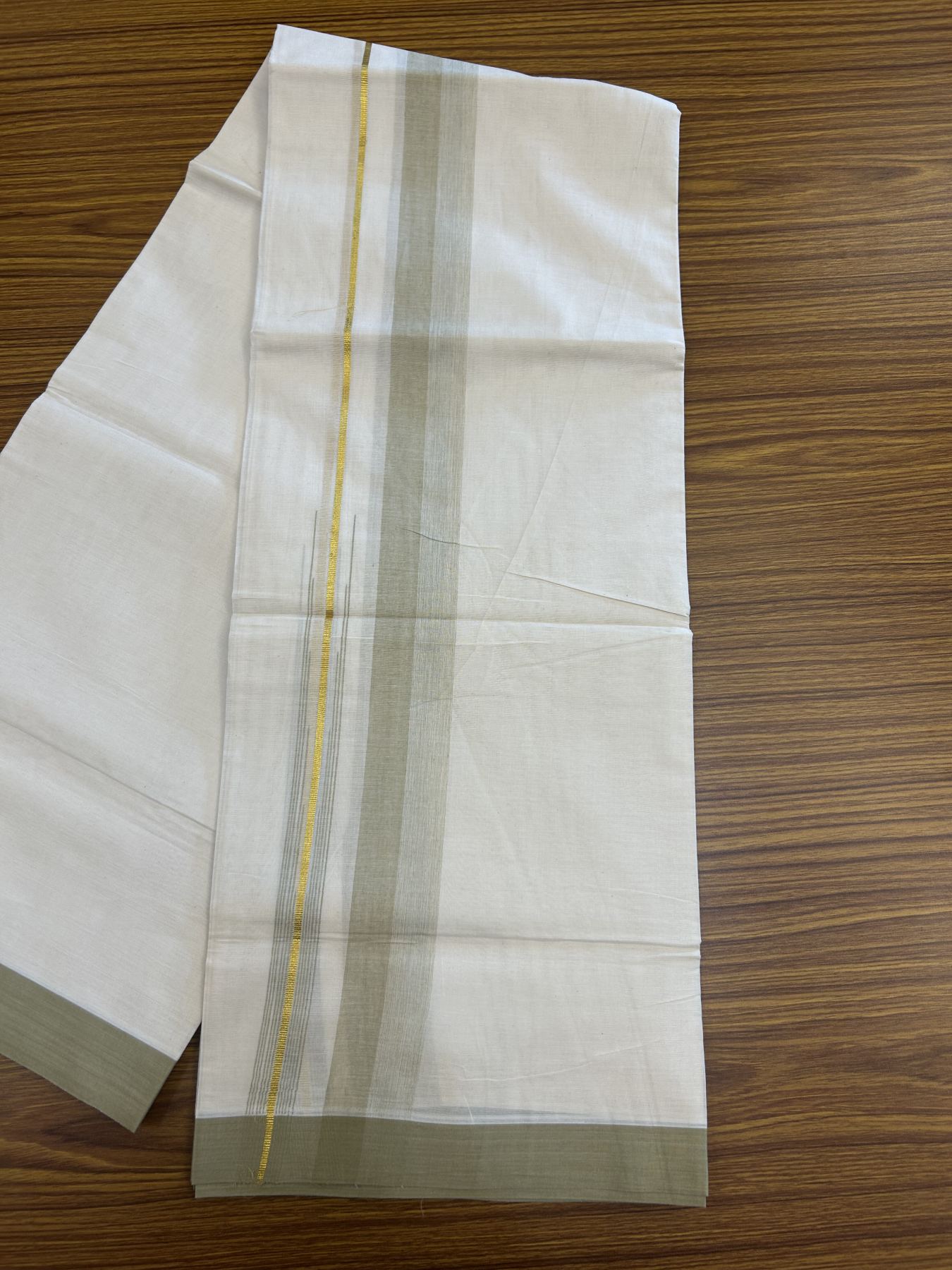 20% Discount ! Kaitharikada Balaramapuram 100% Pure Cotton Double Off white (Unbleached) Mundu/Dhoti - 100x80 - 1.75 inch Gold Kasav & Moss Green Shaded Stripes Chutty Kara 3.90 mtr (8 muzham) - 33 KK5313 PMC