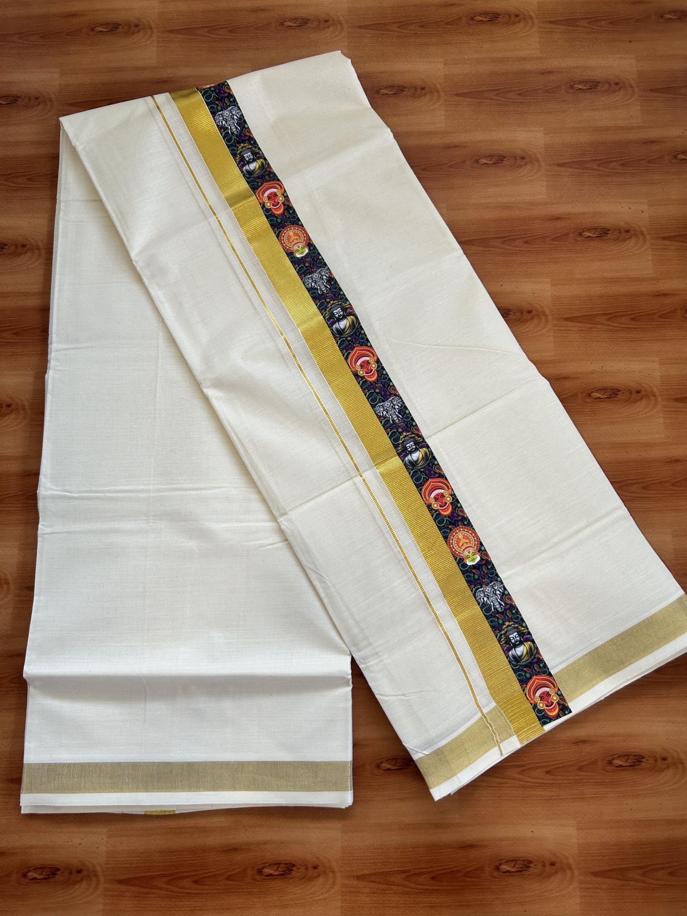 Double Off White - (Unbleached) Mundu/Dhoti- 20% Discount!! KaithariKada Balaramapuram 100% Cotton (60s) - 1 inch Gold Kasav & Kerala Traditional Design Printed Kara - 20 KK5415 GAN
