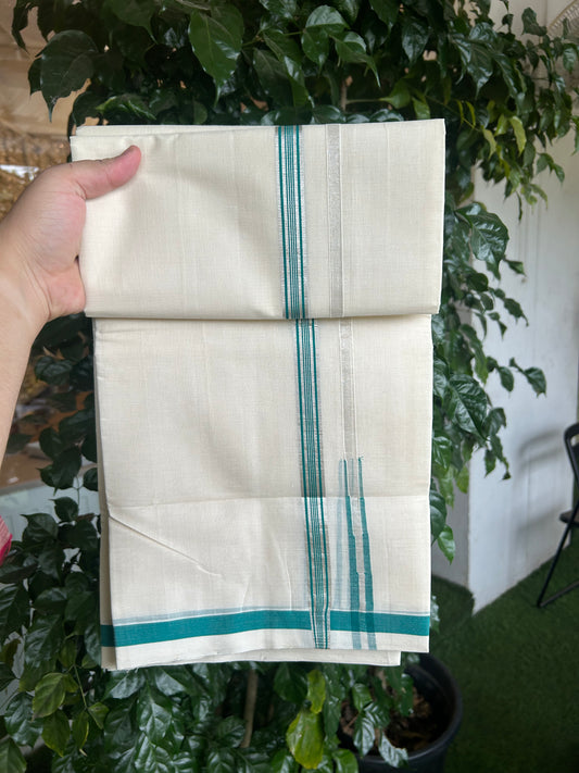 25% Discount!! KaithariKada Handloom Unakkupaav - Kerala Handloom - 100% Pure Cotton Off White - (Unbleached) Double Mundu/Dothi - 80X90 - 0.5 inch Puliyilakkara Silver Kasav & Green Blue Chutty Kara 3.90 mtr (8 muzham) - 13 KK5369 YAR