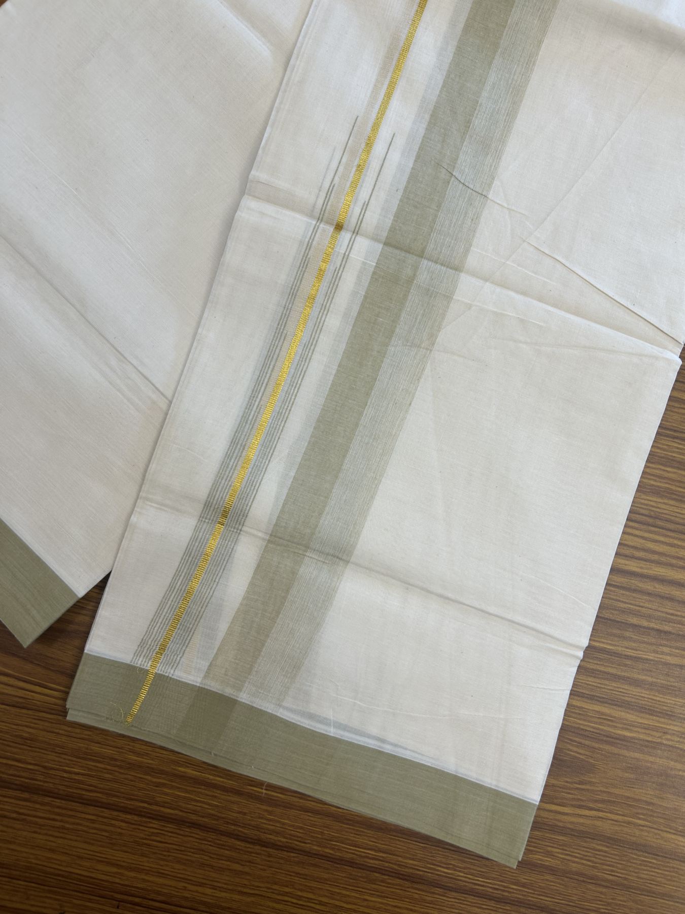 20% Discount ! Kaitharikada Balaramapuram 100% Pure Cotton Double Off white (Unbleached) Mundu/Dhoti - 100x80 - 1.75 inch Gold Kasav & Moss Green Shaded Stripes Chutty Kara 3.90 mtr (8 muzham) - 33 KK5313 PMC
