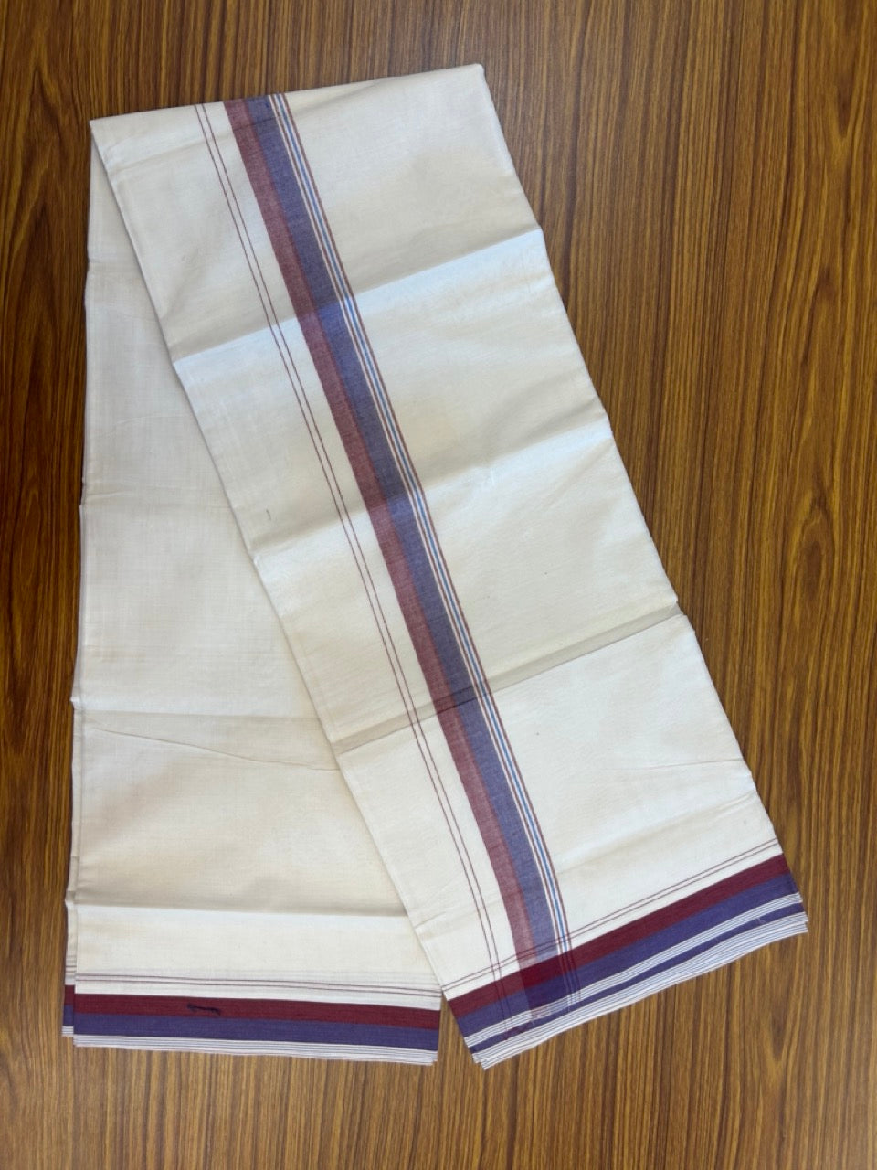 20% Discount ! KaithariKada Balaramapuram 100% Cotton Double OFF WHITE - (Unbleached) - Mundu / Dhoti- 100x80 -  1.5 inch Maroon & Blue shaded striped kara - 14 KK5280 VIN
