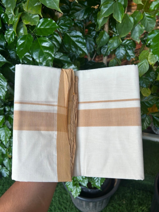 25% Discount! KaithariKada Handloom Millpaav Balaramapuram - Cotton Double Mundu/Dhoti Off white (Unbleached) - 80x90 - 1.5 inch Mustard Brown Mulloth Kara 3.60 meter (8 Muzham) - 52 KK5256 RAM