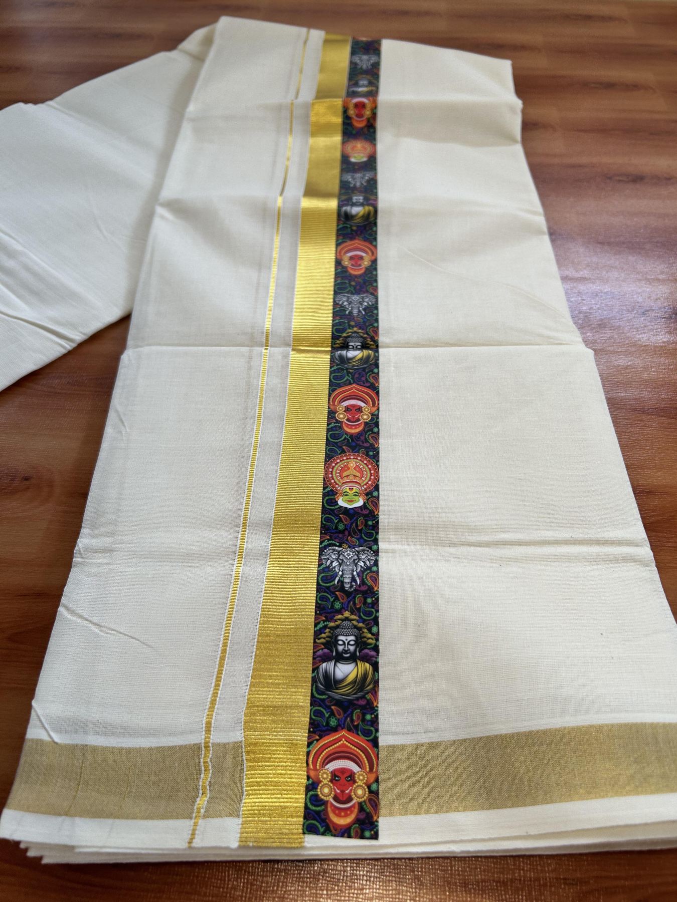 Double Off White - (Unbleached) Mundu/Dhoti- 20% Discount!! KaithariKada Balaramapuram 100% Cotton (60s) - 1 inch Gold Kasav & Kerala Traditional Design Printed Kara - 20 KK5415 GAN