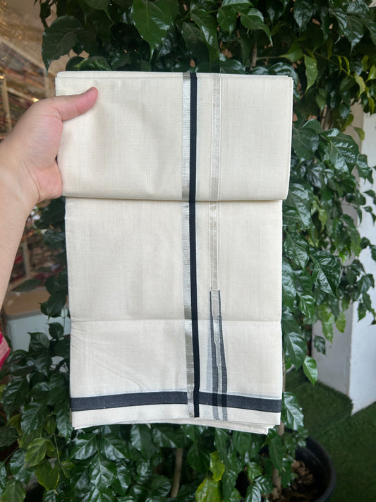 25% Discount!! KaithariKada Handloom Unakkupaav - Kerala Handloom - 100% Pure Cotton Off White - (Unbleached) Double Mundu/Dothi - 80X90 - 0.5 inch Puliyilakkara Silver Kasav & Black Chutty Kara 3.90 mtr (8 muzham) - 12 KK5369 YAR
