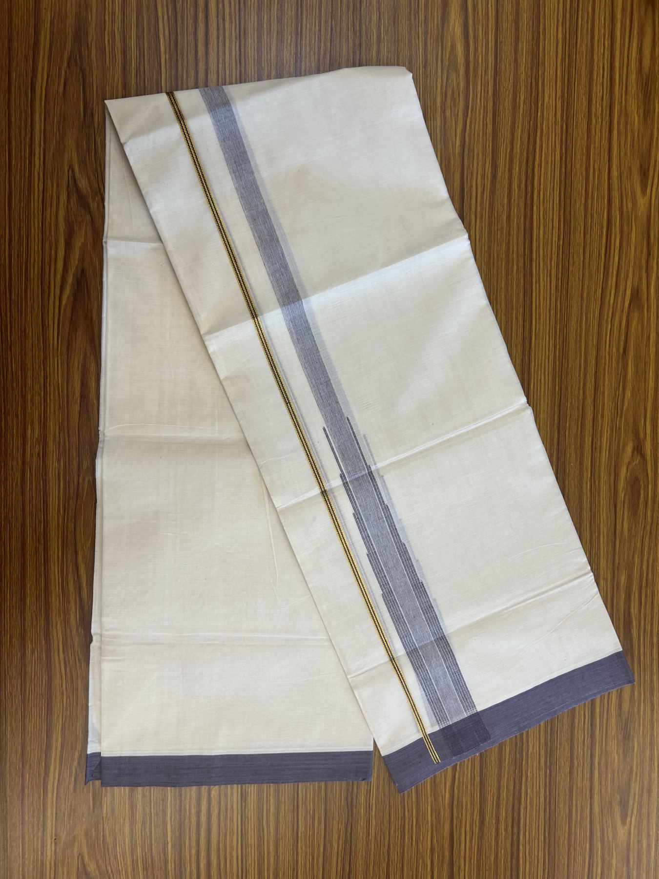 20% Discount ! Kaitharikada Balaramapuram 100% Pure Cotton Double Off white (Unbleached) Mundu/Dhoti - 100x80 - 1.5 inch Gold Kasav & Faded Purple Shaded Stripes Chutty Kara 3.90 mtr (8 muzham) - 34 KK5313 PMC