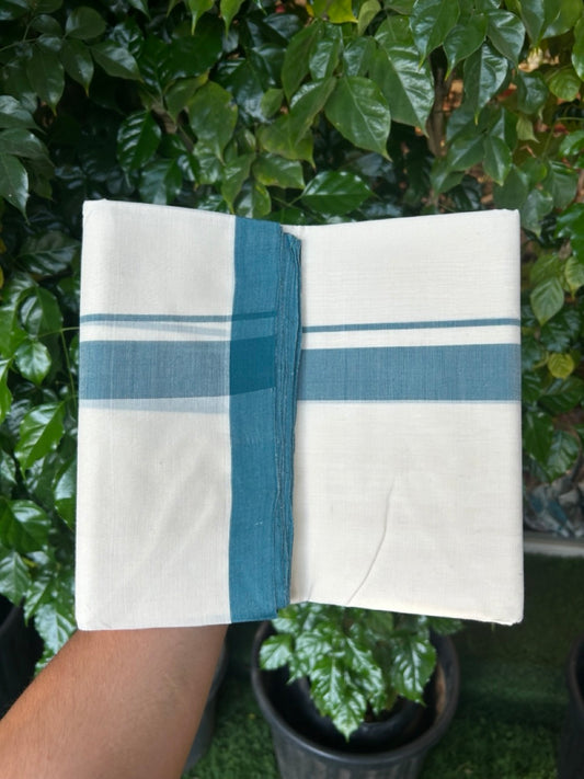 25% Discount! KaithariKada Handloom Millpaav Balaramapuram - Cotton Double Mundu/Dhoti Off white (Unbleached) - 80x90 - 1.25 inch Peacock Green Mulloth Kara 3.60 meter (8 Muzham) - 46 KK5256 RAM