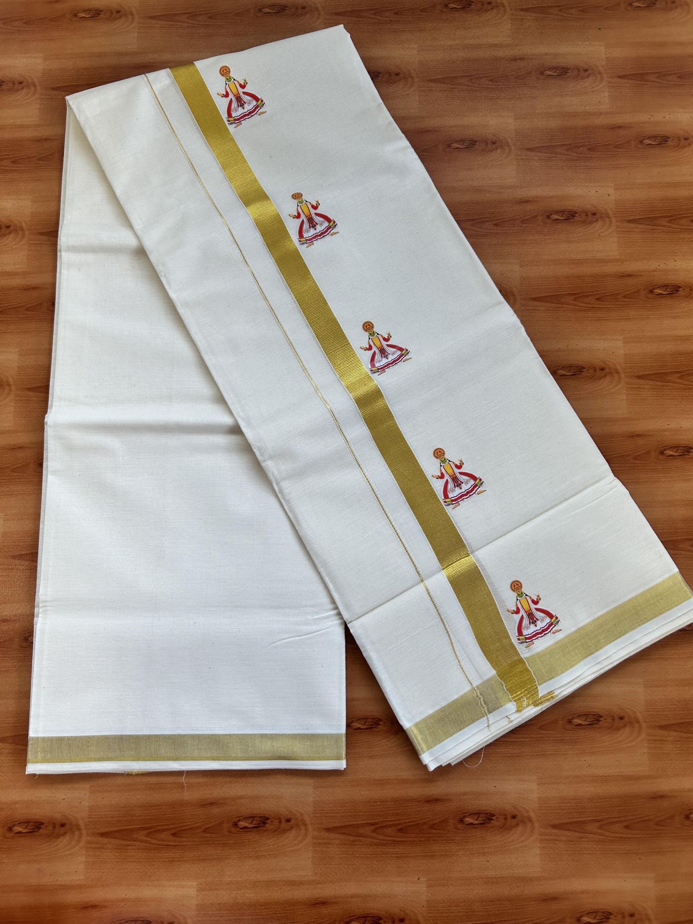 Double Off White - (Unbleached) Mundu/Dhoti- 20% Discount!! KaithariKada Balaramapuram 100% Cotton (60s) - 1 inch Gold Kasav & Kadhakali Printed Kara - 21 KK5415 GAN