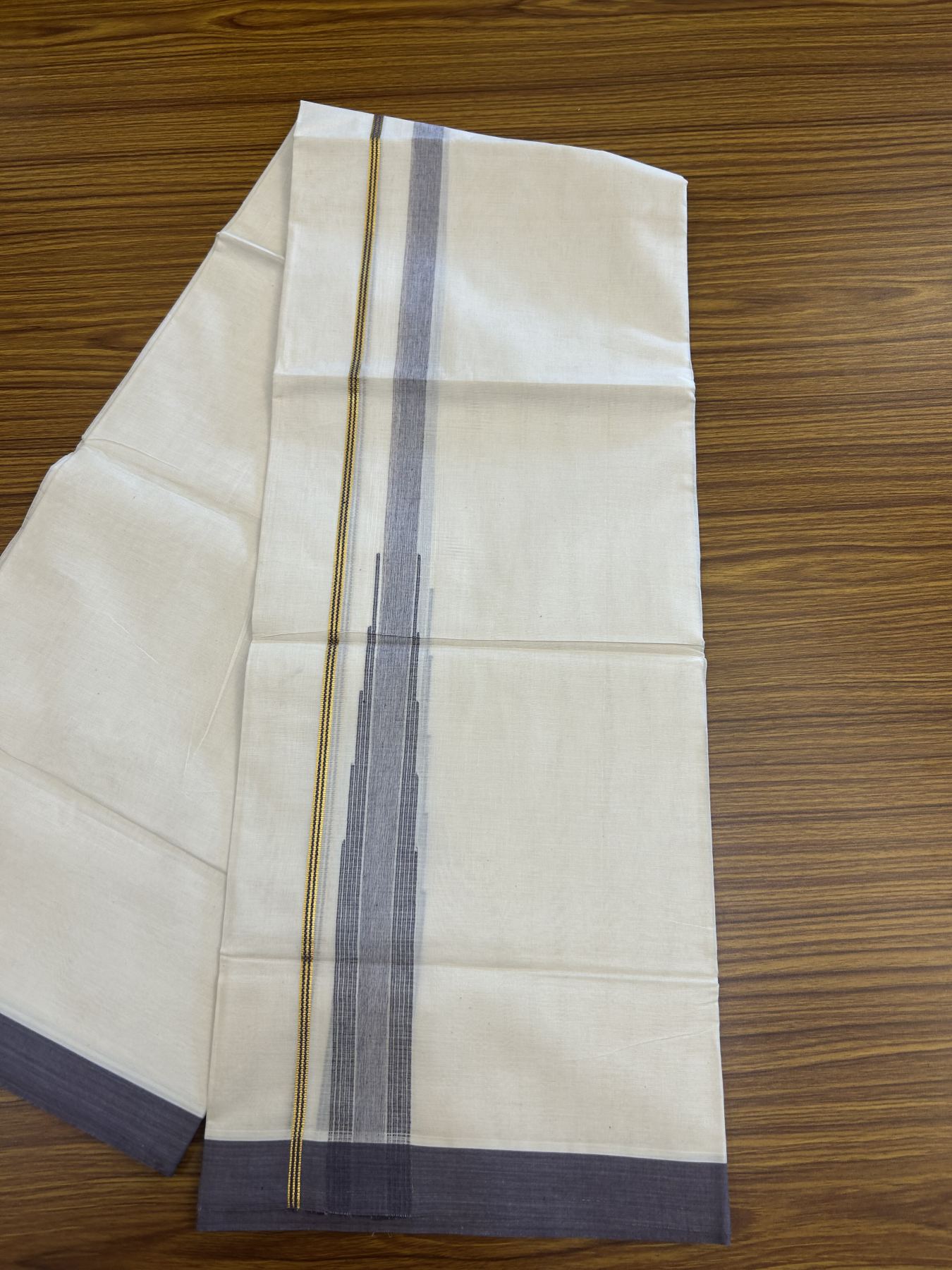 20% Discount ! Kaitharikada Balaramapuram 100% Pure Cotton Double Off white (Unbleached) Mundu/Dhoti - 100x80 - 1.5 inch Gold Kasav & Faded Purple Shaded Stripes Chutty Kara 3.90 mtr (8 muzham) - 34 KK5313 PMC