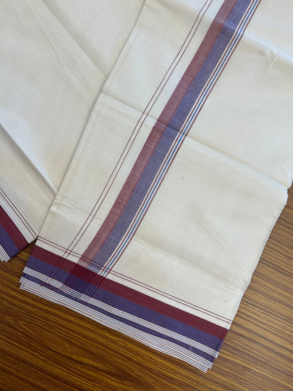 20% Discount ! KaithariKada Balaramapuram 100% Cotton Double OFF WHITE - (Unbleached) - Mundu / Dhoti- 100x80 -  1.5 inch Maroon & Blue shaded striped kara - 14 KK5280 VIN