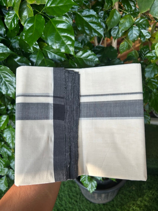 25% Discount! KaithariKada Handloom Millpaav Balaramapuram - Cotton Double Mundu/Dhoti Off white (Unbleached) - 80x90 - 1.25 inch Black Mulloth Kara 3.60 meter (8 Muzham) - 45 KK5256 RAM
