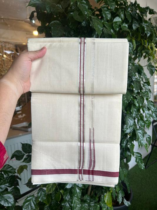 25% Discount!! KaithariKada Handloom Unakkupaav - Kerala Handloom - 100% Pure Cotton Off White - (Unbleached) Double Mundu/Dothi - 80X90 - 0.5 inch Puliyilakkara Silver Kasav & Maroon Chutty Kara 3.90 mtr (8 muzham) - 9 KK5369 YAR