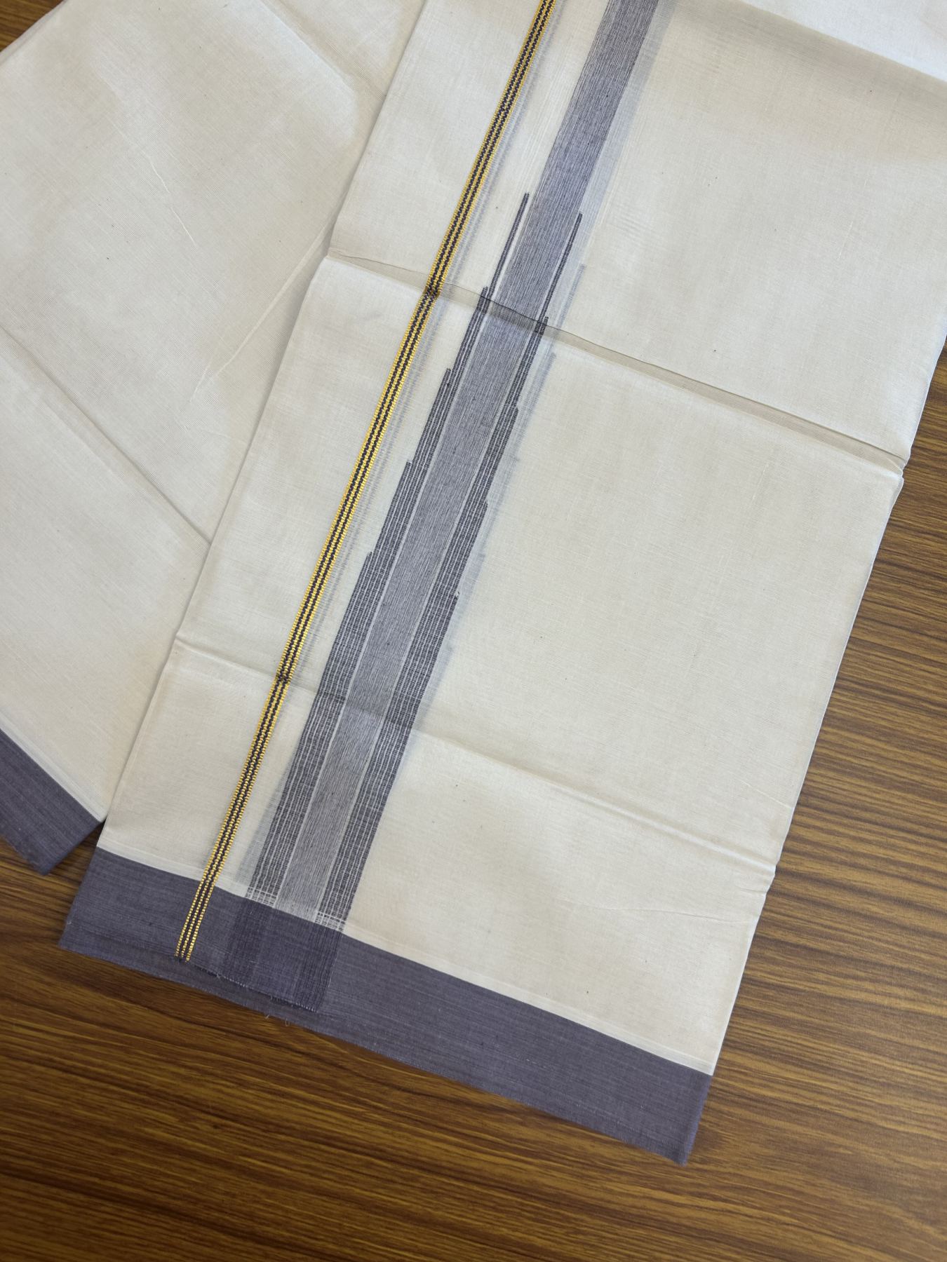 20% Discount ! Kaitharikada Balaramapuram 100% Pure Cotton Double Off white (Unbleached) Mundu/Dhoti - 100x80 - 1.5 inch Gold Kasav & Faded Purple Shaded Stripes Chutty Kara 3.90 mtr (8 muzham) - 34 KK5313 PMC