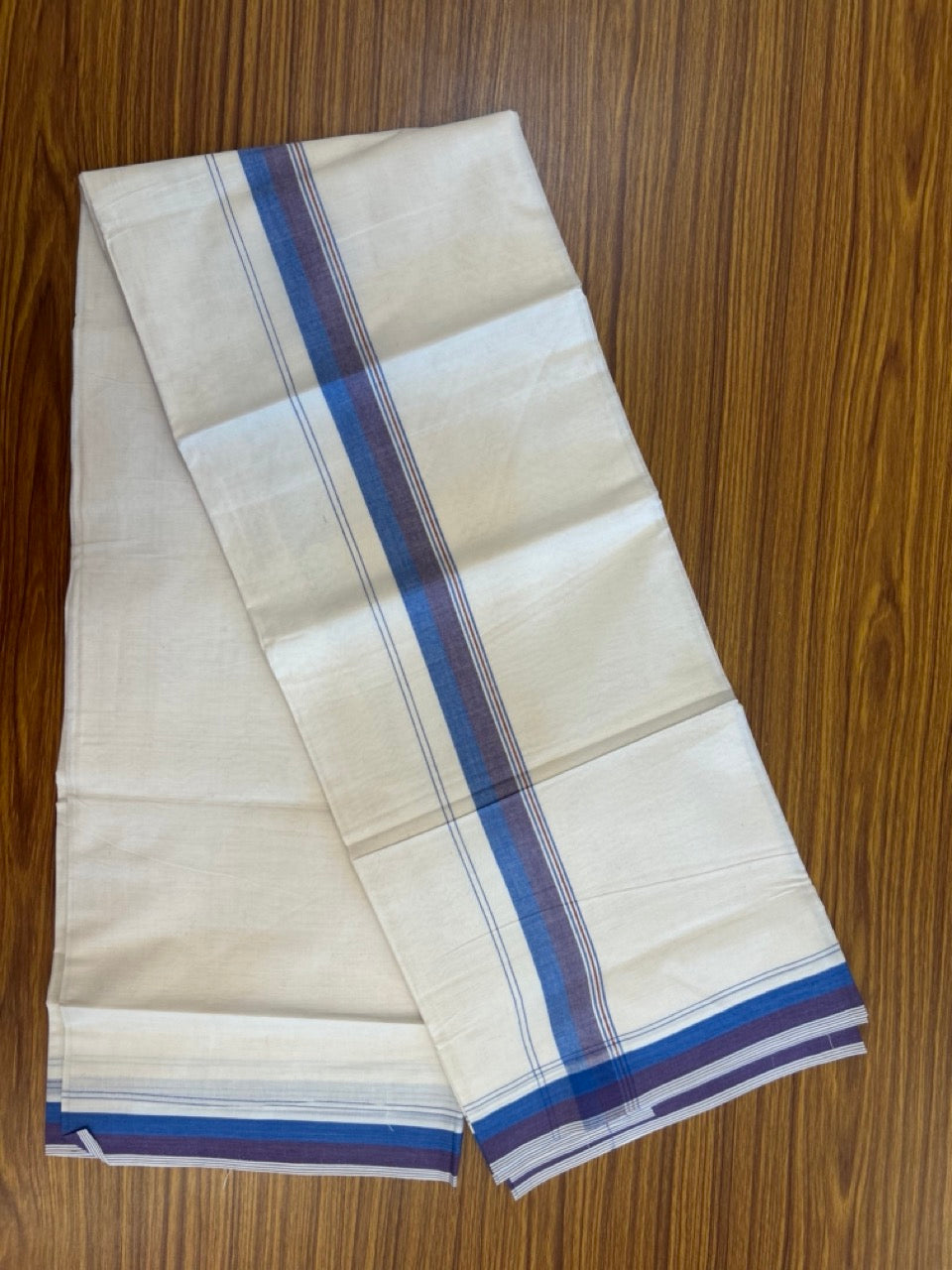 20% Discount ! KaithariKada Balaramapuram 100% Cotton Double OFF WHITE - (Unbleached) - Mundu / Dhoti- 100x80 -  1.5 inch Blue & Violet shaded striped kara - 12 KK5280 VIN