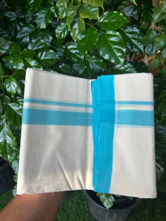 25% Discount! KaithariKada Handloom Millpaav Balaramapuram - Cotton Double Mundu/Dhoti Off white (Unbleached) - 80x90 - 1.25 inch Turquoise Blue Mulloth Kara 3.60 meter (8 Muzham) - 41 KK5256 RAM