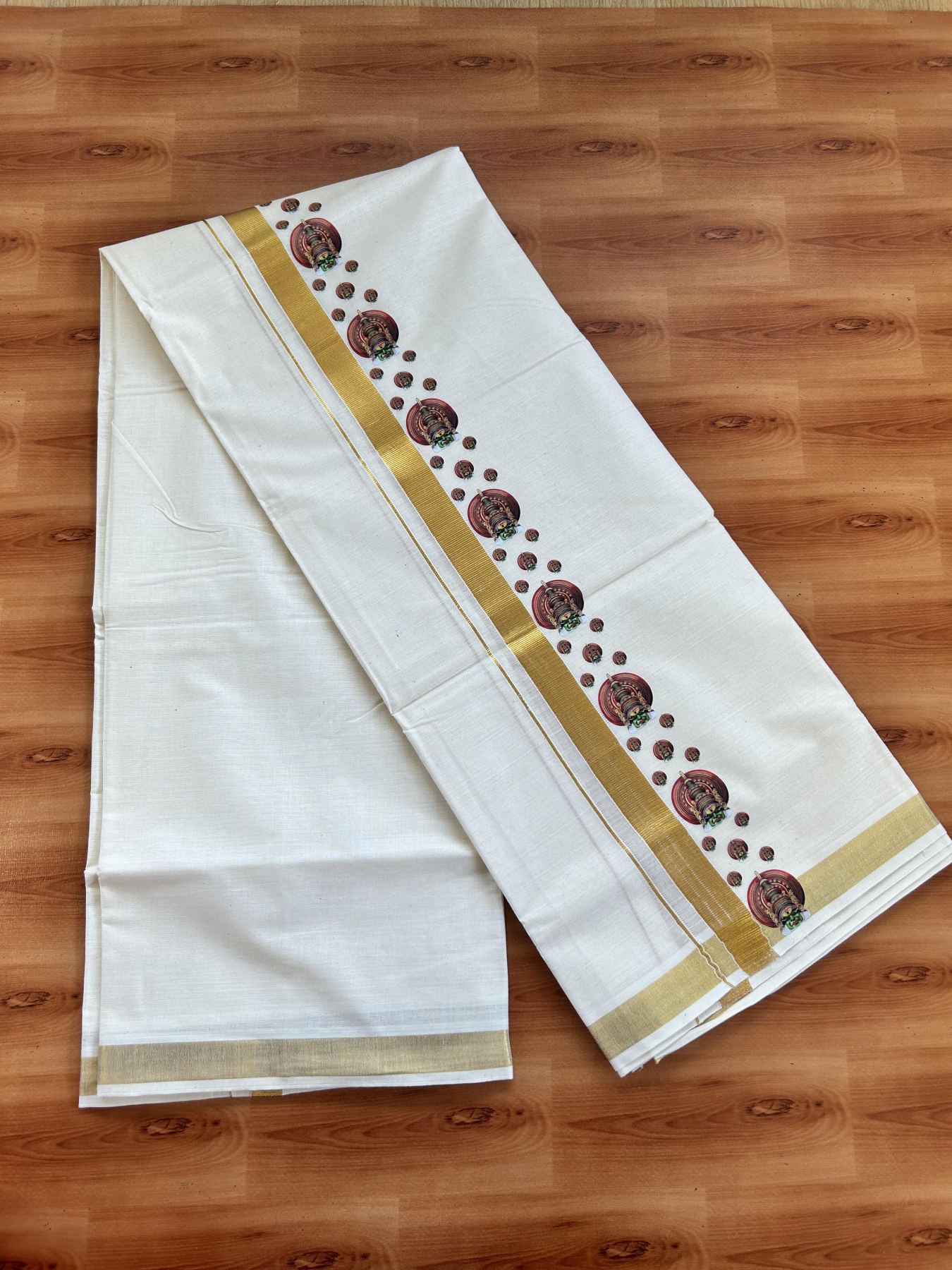 Double Off White - (Unbleached) Mundu/Dhoti- 20% Discount!! KaithariKada Balaramapuram 100% Cotton (60s) - 2 inch Gold Kasav & Kadhakali Printed Kara - 15 KK5415 GAN