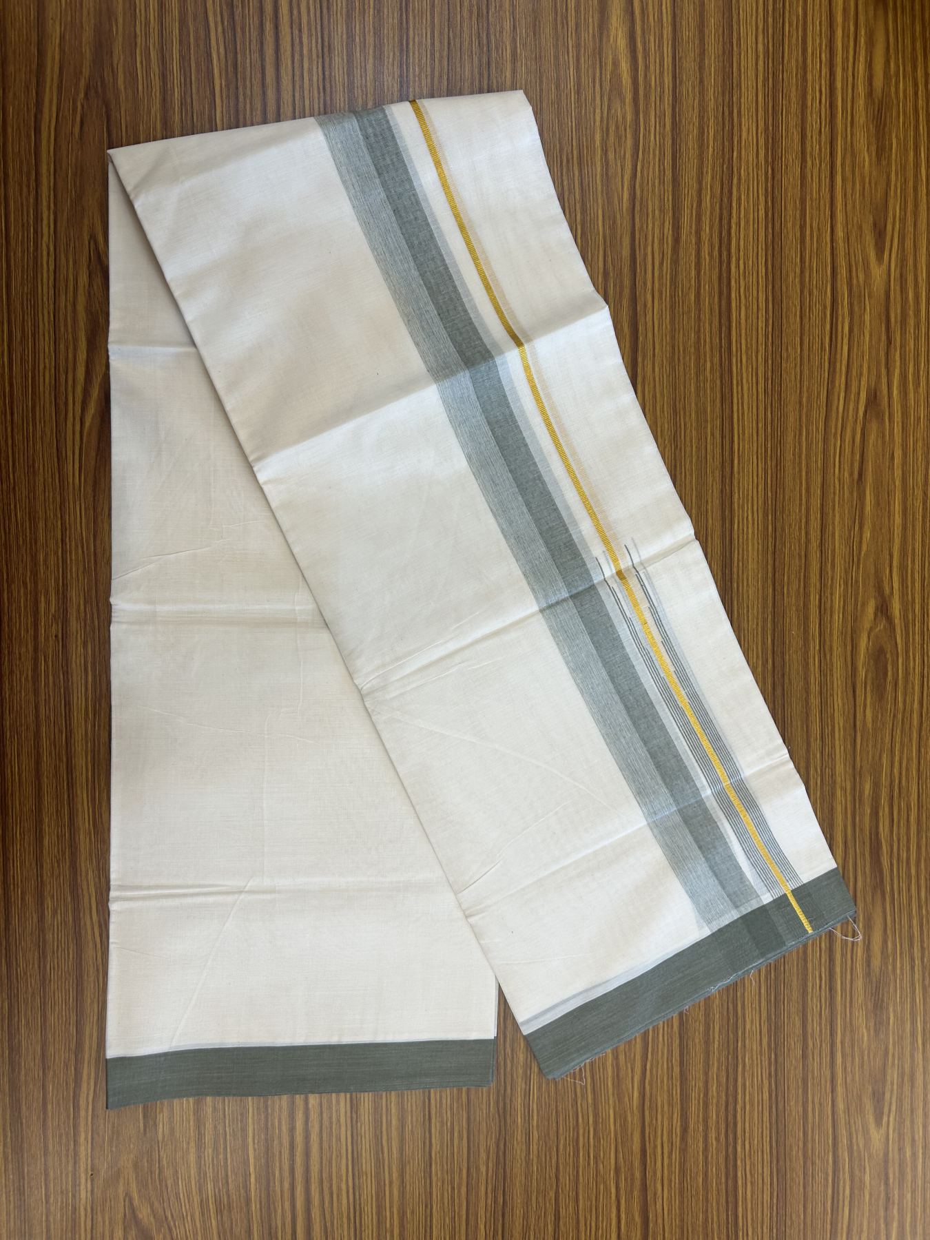 20% Discount ! Kaitharikada Balaramapuram 100% Pure Cotton Double Off white (Unbleached) Mundu/Dhoti - 100x80 - 1.75 inch Gold Kasav & Olive Green Shaded Stripes Chutty Kara 3.90 mtr (8 muzham) - 35 KK5313 PMC