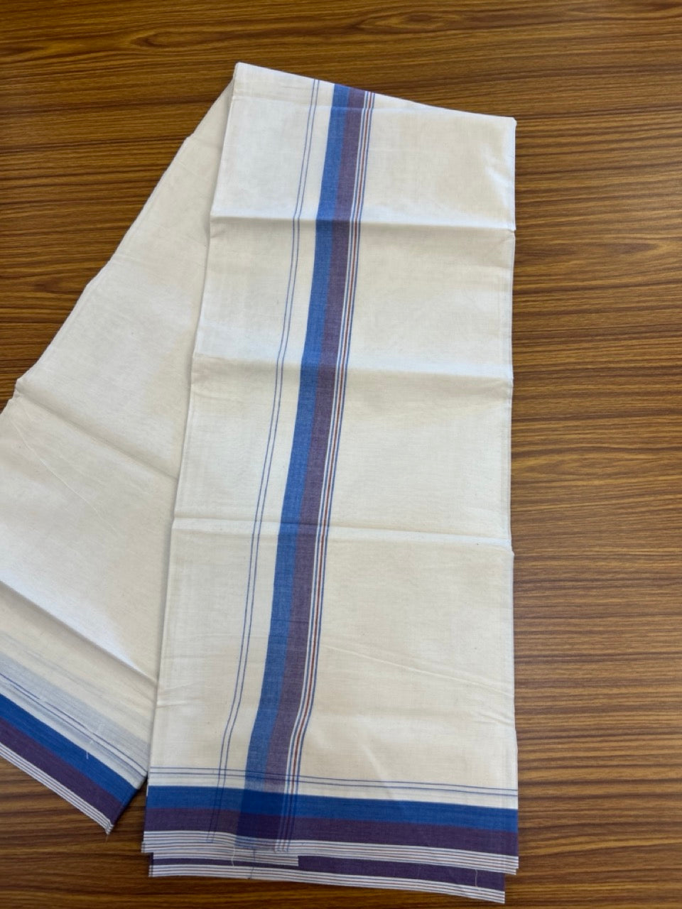 20% Discount ! KaithariKada Balaramapuram 100% Cotton Double OFF WHITE - (Unbleached) - Mundu / Dhoti- 100x80 -  1.5 inch Blue & Violet shaded striped kara - 12 KK5280 VIN