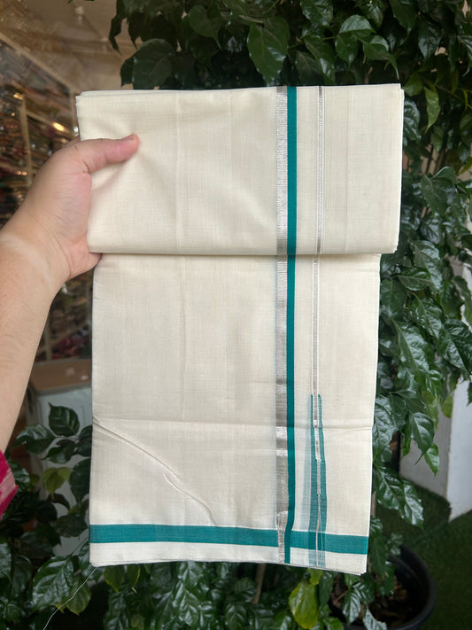 25% Discount!! KaithariKada Handloom Unakkupaav - Kerala Handloom - 100% Pure Cotton Off White - (Unbleached) Double Mundu/Dothi - 80X90 - 0.5 inch Puliyilakkara Silver Kasav & Green Blue Chutty Kara 3.90 mtr (8 muzham) - 8 KK5369 YAR