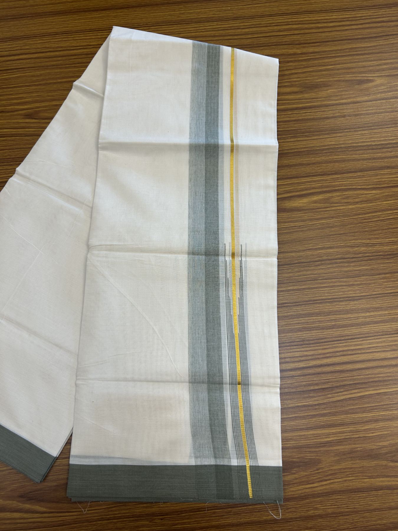 20% Discount ! Kaitharikada Balaramapuram 100% Pure Cotton Double Off white (Unbleached) Mundu/Dhoti - 100x80 - 1.75 inch Gold Kasav & Olive Green Shaded Stripes Chutty Kara 3.90 mtr (8 muzham) - 35 KK5313 PMC