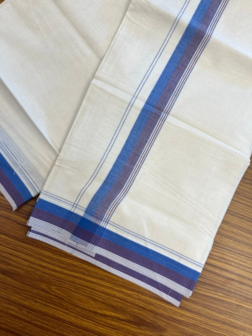 20% Discount ! KaithariKada Balaramapuram 100% Cotton Double OFF WHITE - (Unbleached) - Mundu / Dhoti- 100x80 -  1.5 inch Blue & Violet shaded striped kara - 12 KK5280 VIN