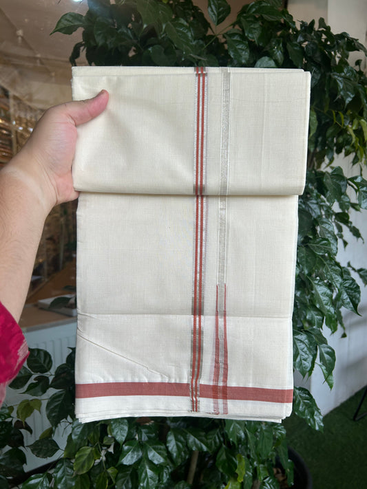 25% Discount!! KaithariKada Handloom Unakkupaav - Kerala Handloom - 100% Pure Cotton Off White - (Unbleached) Double Mundu/Dothi - 80X90 - 0.5 inch Puliyilakkara Silver Kasav & Brick Orange Chutty Kara 3.90 mtr (8 muzham) - 7 KK5369 YAR