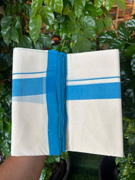 25% Discount! KaithariKada Handloom Millpaav Balaramapuram - Cotton Double Mundu/Dhoti Off white (Unbleached) - 80x90 - 1.5 inch Blue Mulloth Kara 3.60 meter (8 Muzham) - 53 KK5256 RAM