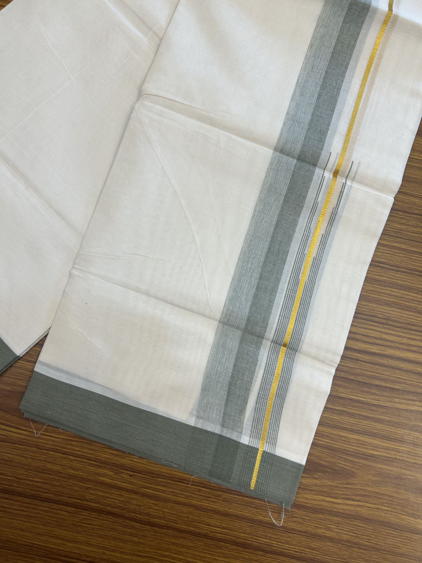 20% Discount ! Kaitharikada Balaramapuram 100% Pure Cotton Double Off white (Unbleached) Mundu/Dhoti - 100x80 - 1.75 inch Gold Kasav & Olive Green Shaded Stripes Chutty Kara 3.90 mtr (8 muzham) - 35 KK5313 PMC