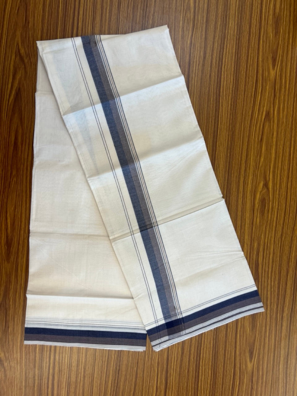 20% Discount ! KaithariKada Balaramapuram 100% Cotton Double OFF WHITE - (Unbleached) - Mundu / Dhoti- 100x80 -  1.5 inch Navy Blue & Brown shaded striped kara - 9 KK5280 VIN