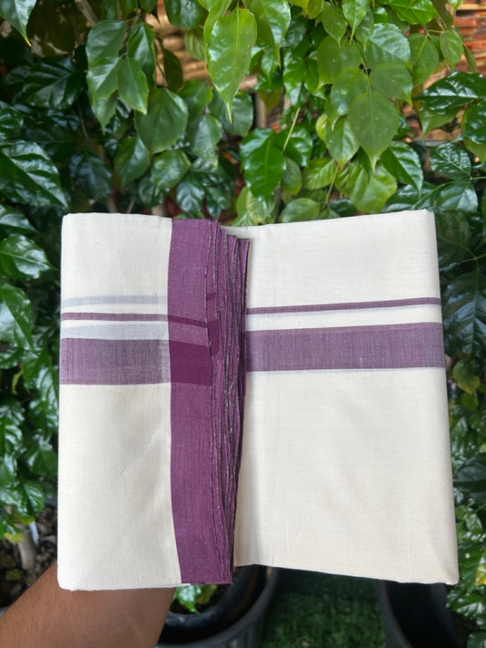 25% Discount! KaithariKada Handloom Millpaav Balaramapuram - Cotton Double Mundu/Dhoti Off white (Unbleached) - 80x90 - 1 inch Wine Purple Mulloth Kara 3.60 meter (8 Muzham) - 48 KK5256 RAM