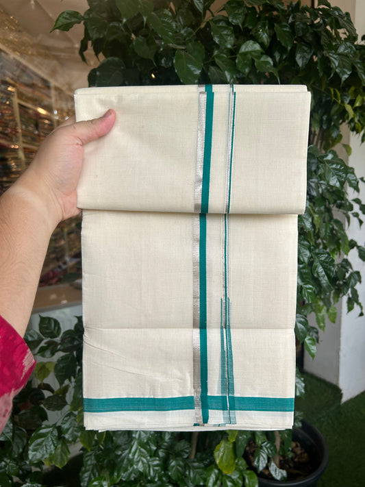 25% Discount!! KaithariKada Handloom Unakkupaav - Kerala Handloom - 100% Pure Cotton Off White - (Unbleached) Double Mundu/Dothi - 80X90 - 0.5 inch Puliyilakkara Silver Kasav & Green Blue Chutty Kara 3.90 mtr (8 muzham) - 6 KK5369 YAR