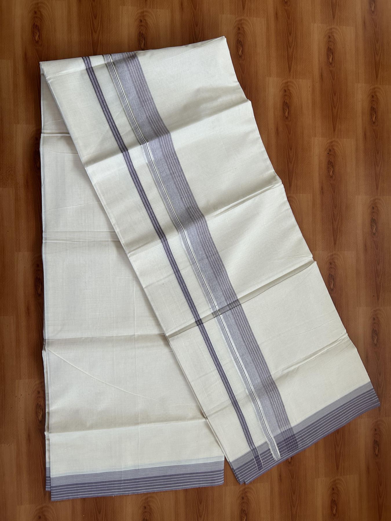 20% Discount ! KaithariKada Balaramapuram 100% Cotton Double Off White - (Unbleached) - Mundu / Dhoti- 100x80 -  1.5 inch Silver Kasav & Light Purple shaded Stripes Kara 4 mtr (8.5 Muzham) - 58 KK5382 VIN