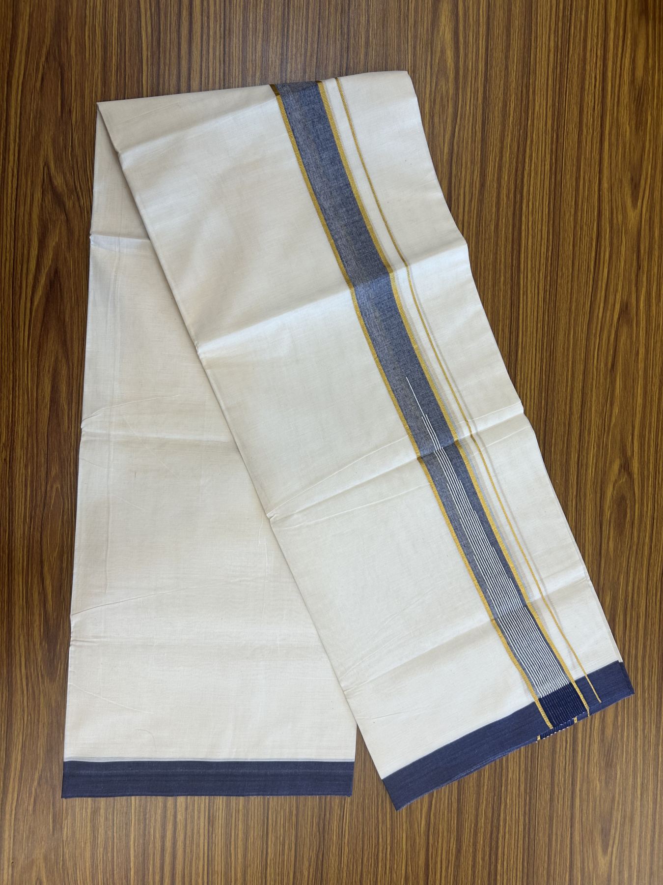 20% Discount ! Kaitharikada Balaramapuram 100% Pure Cotton Double Off white (Unbleached) Mundu/Dhoti - 100x80 - 1.5 inch Gold Kasav & Navy Blue Shaded Stripes Chutty Kara 3.90 mtr (8 muzham) - 36 KK5313 PMC