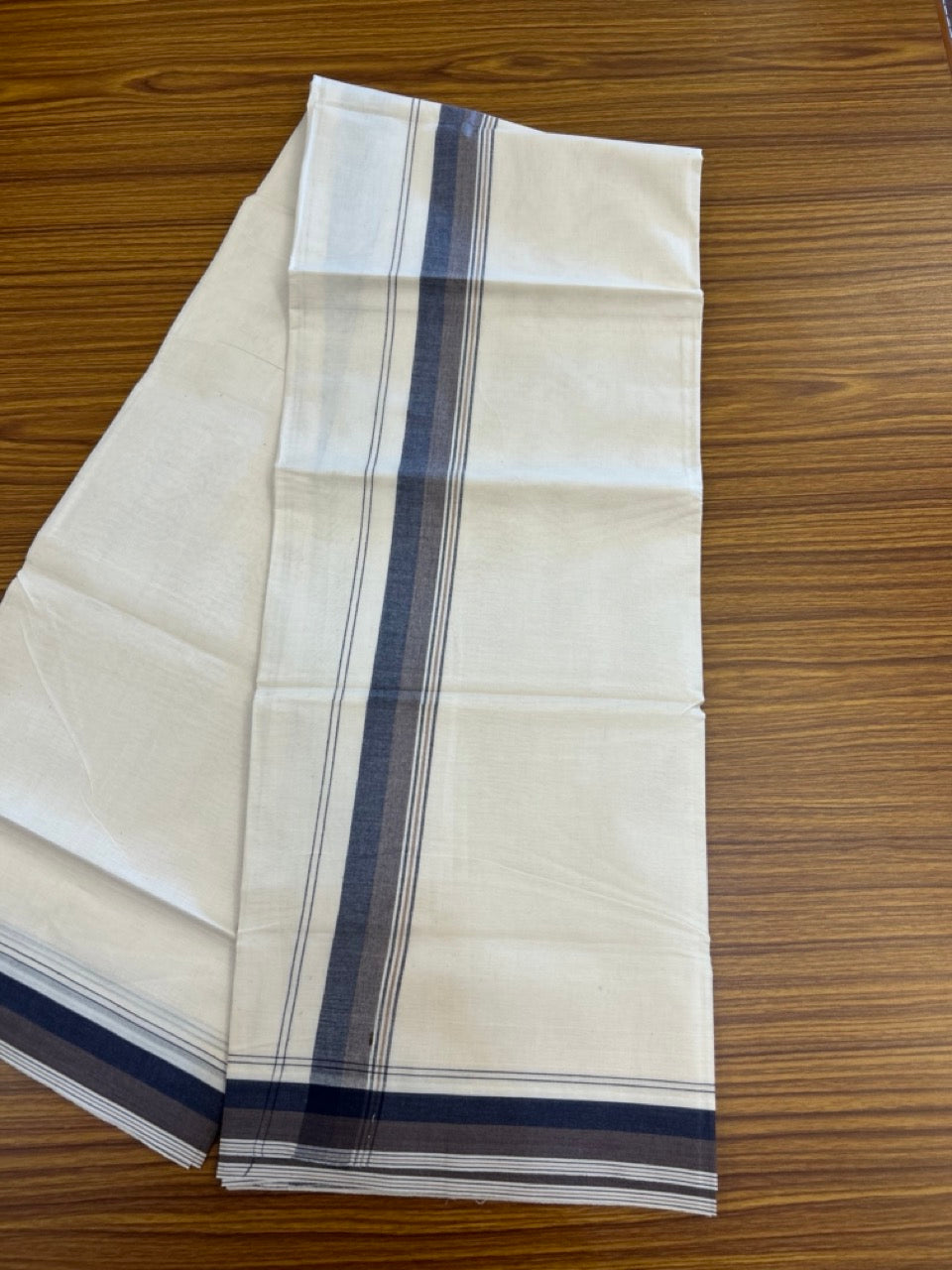 20% Discount ! KaithariKada Balaramapuram 100% Cotton Double OFF WHITE - (Unbleached) - Mundu / Dhoti- 100x80 -  1.5 inch Navy Blue & Brown shaded striped kara - 9 KK5280 VIN