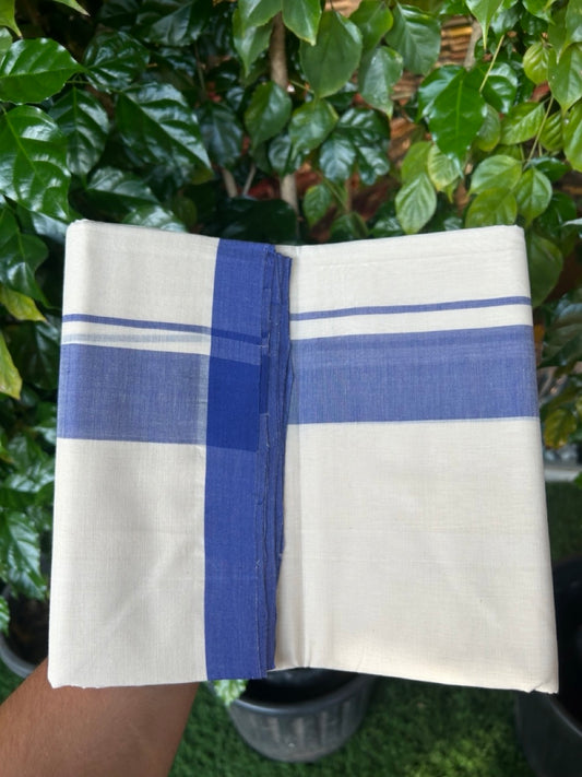 25% Discount! KaithariKada Handloom Millpaav Balaramapuram - Cotton Double Mundu/Dhoti Off white (Unbleached) - 80x90 - 1.75 inch Violet Blue Mulloth Kara 3.60 meter (8 Muzham) - 54 KK5256 RAM