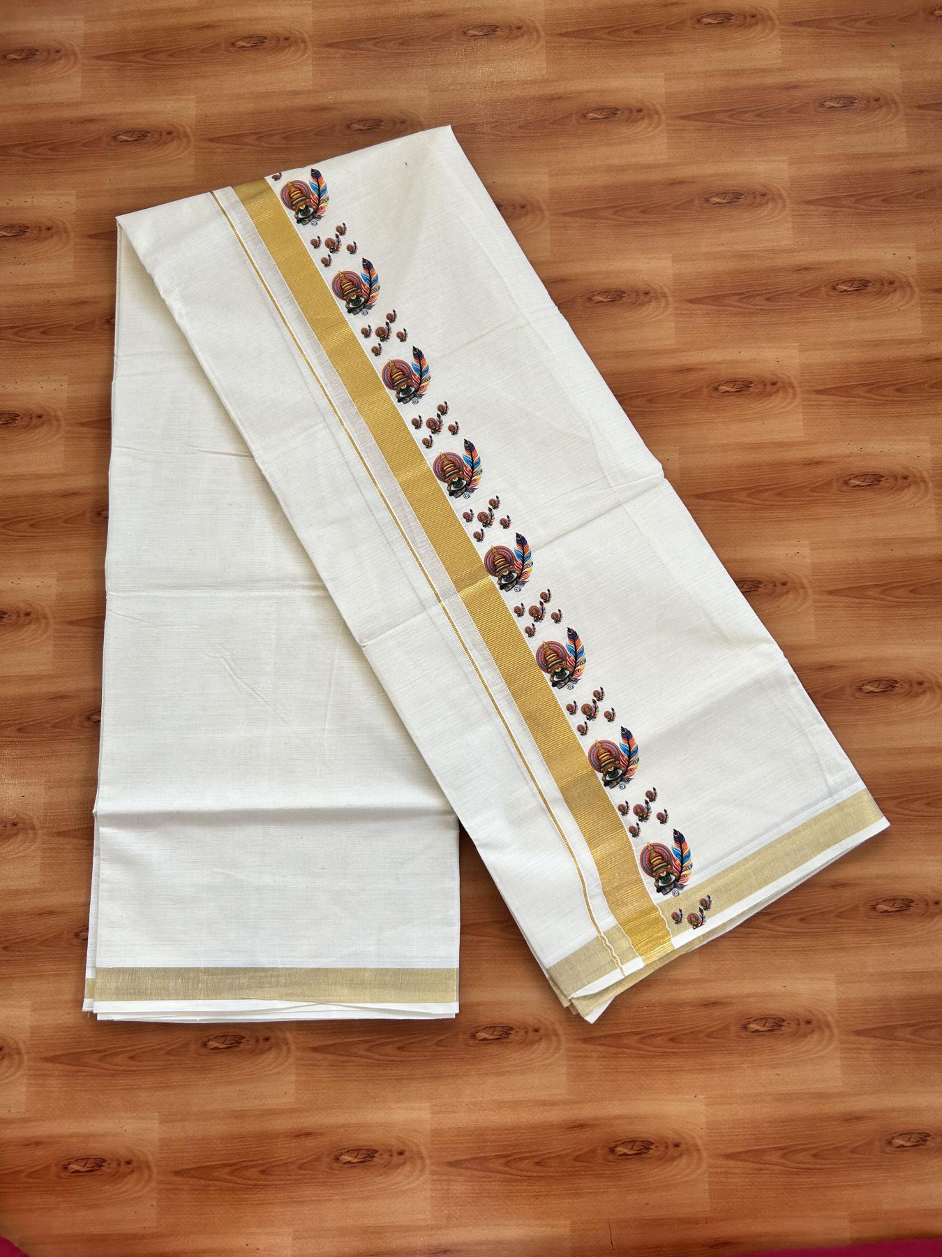 Double Off White - (Unbleached) Mundu/Dhoti- 20% Discount!! KaithariKada Balaramapuram 100% Cotton (60s) - 1 inch Gold Kasav & Kadhakali & Feather Printed Kara - 19 KK5415 GAN
