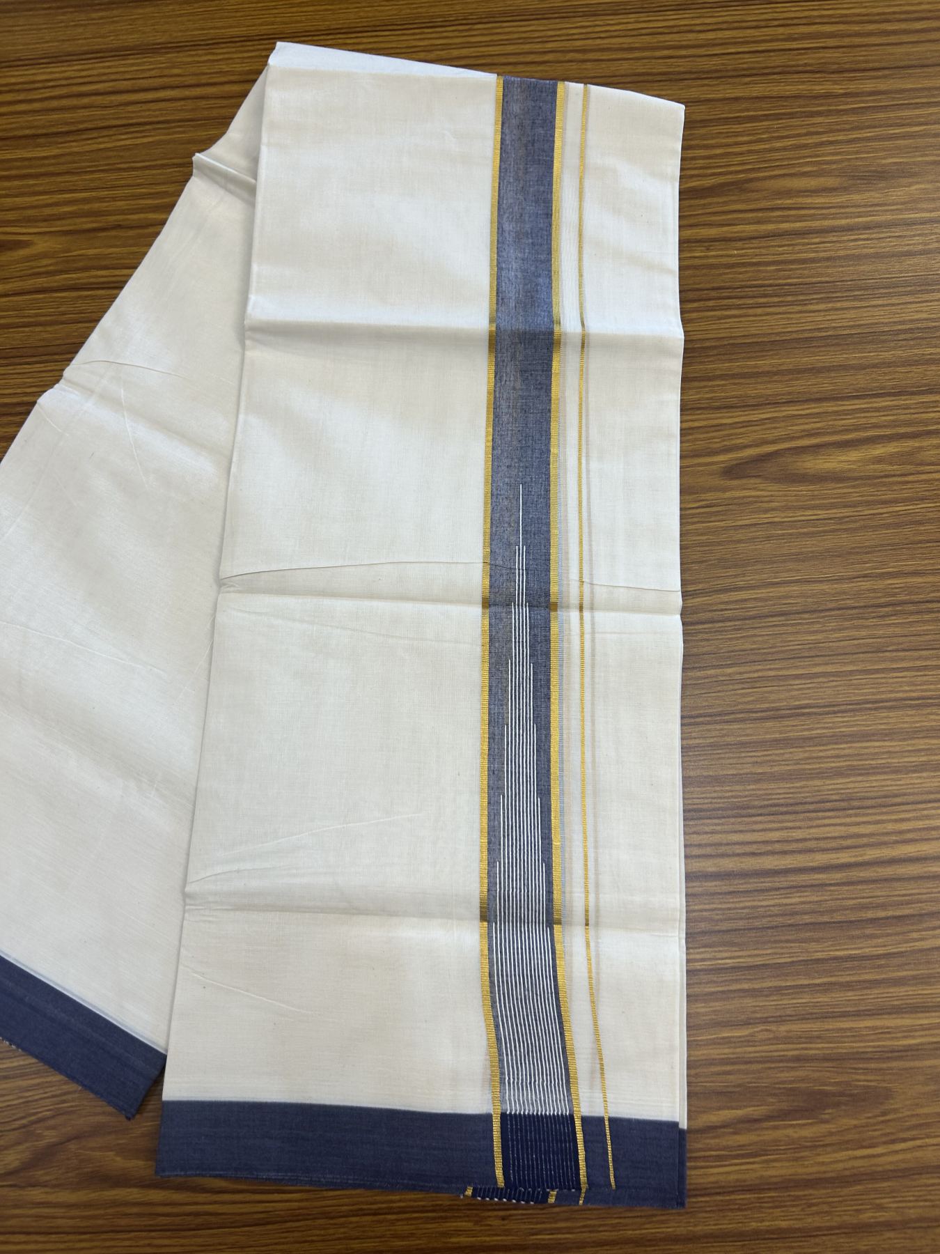 20% Discount ! Kaitharikada Balaramapuram 100% Pure Cotton Double Off white (Unbleached) Mundu/Dhoti - 100x80 - 1.5 inch Gold Kasav & Navy Blue Shaded Stripes Chutty Kara 3.90 mtr (8 muzham) - 36 KK5313 PMC