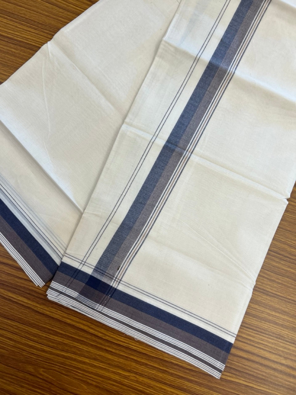 20% Discount ! KaithariKada Balaramapuram 100% Cotton Double OFF WHITE - (Unbleached) - Mundu / Dhoti- 100x80 -  1.5 inch Navy Blue & Brown shaded striped kara - 9 KK5280 VIN