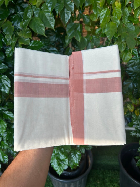 25% Discount! KaithariKada Handloom Millpaav Balaramapuram - Cotton Double Mundu/Dhoti Off white (Unbleached) - 80x90 - 1.25 inch Dusty Peach Mulloth Kara 3.60 meter (8 Muzham) - 51 KK5256 RAM