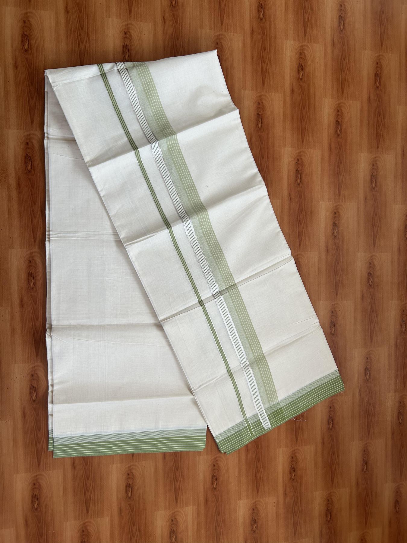 20% Discount ! KaithariKada Balaramapuram 100% Cotton Double Off White - (Unbleached) - Mundu / Dhoti- 100x80 -  1.5 inch Silver Kasav & Pista Green shaded Stripes Kara 4 mtr (8.5 Muzham) - 57 KK5382 VIN