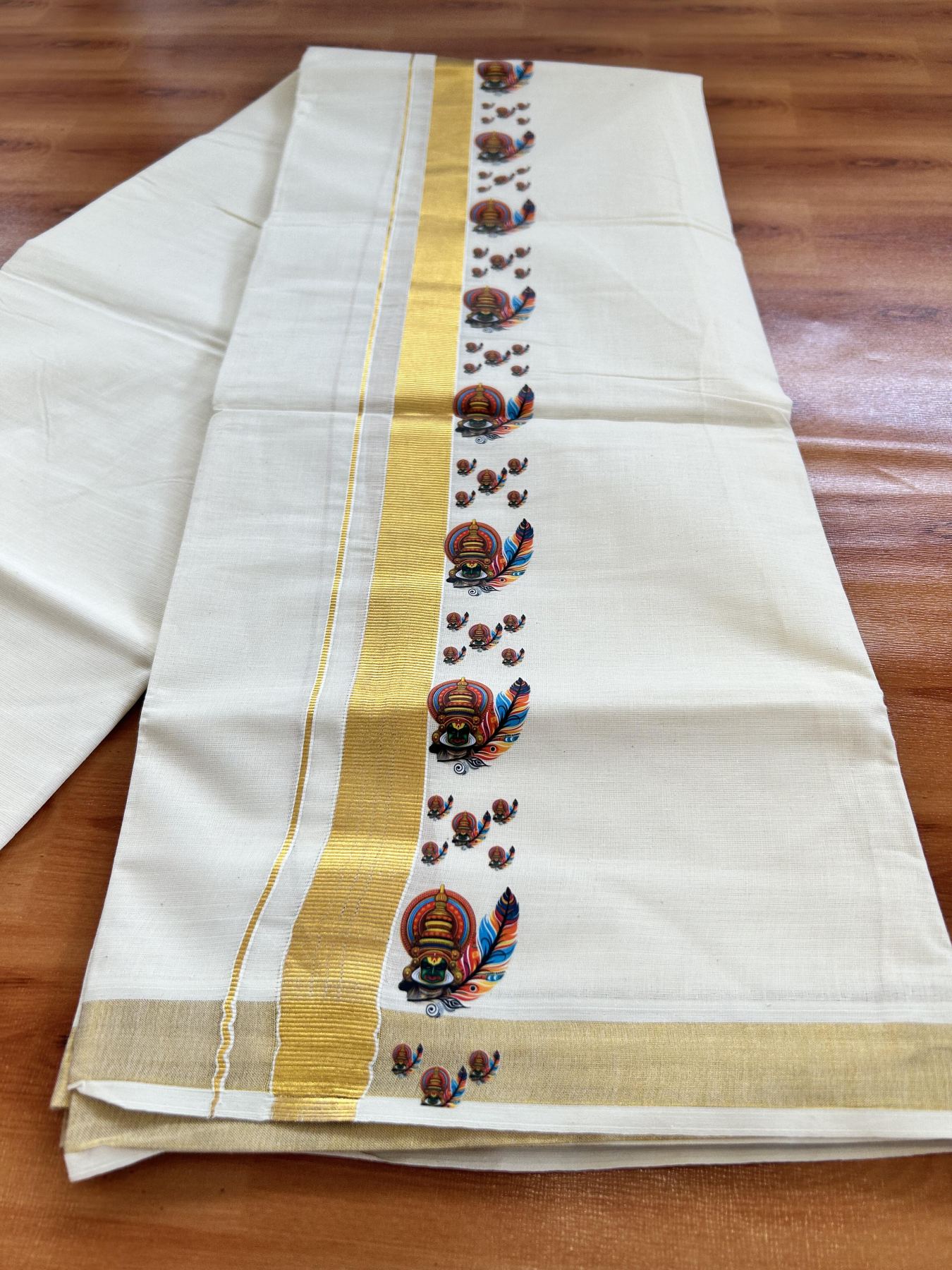 Double Off White - (Unbleached) Mundu/Dhoti- 20% Discount!! KaithariKada Balaramapuram 100% Cotton (60s) - 1 inch Gold Kasav & Kadhakali & Feather Printed Kara - 19 KK5415 GAN