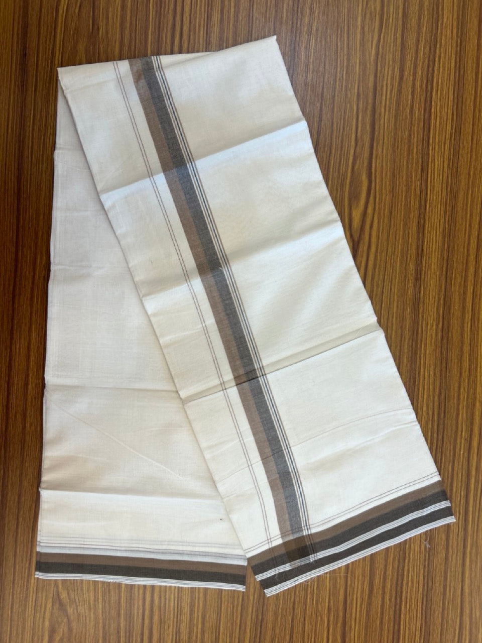 20% Discount ! KaithariKada Balaramapuram 100% Cotton Double OFF WHITE - (Unbleached) - Mundu / Dhoti- 100x80 -  1.5 inch Brown & Ash black shaded striped kara - 11 KK5280 VIN