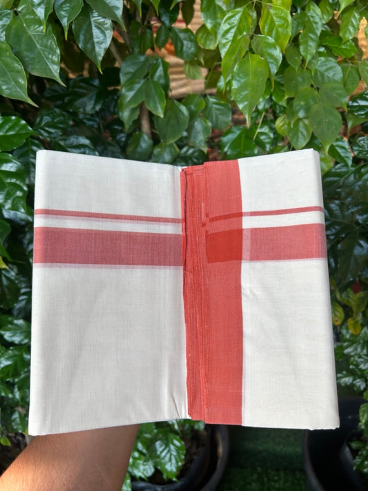 25% Discount! KaithariKada Handloom Millpaav Balaramapuram - Cotton Double Mundu/Dhoti Off white (Unbleached) - 80x90 - 1.25 inch Brick Orange Mulloth Kara 3.60 meter (8 Muzham) - 49 KK5256 RAM