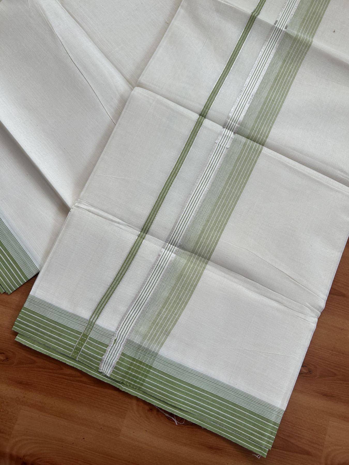 20% Discount ! KaithariKada Balaramapuram 100% Cotton Double Off White - (Unbleached) - Mundu / Dhoti- 100x80 -  1.5 inch Silver Kasav & Pista Green shaded Stripes Kara 4 mtr (8.5 Muzham) - 57 KK5382 VIN